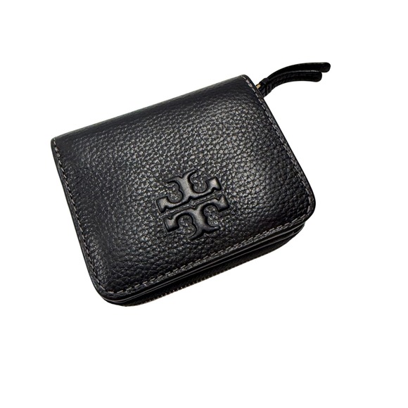 Tory Burch Handbags - Tory Burch McGraw Bi-Fold Wallet Black Pebbled Leather Double T Logo Mini Wallet